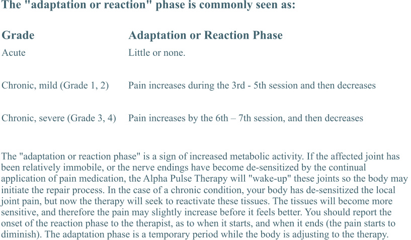 The "adaptation or reaction" phase is commonly seen as: Grade Acute Chronic, mild (Grade 1, 2) Chronic, severe (Grade 3, 4) Adaptation or Reaction Phase Little or none.  Pain increases during the 3rd - 5th session and then decreases  Pain increases by the 6th � 7th session, and then decreases The "adaptation or reaction phase" is a sign of increased metabolic activity. If the affected joint has  been relatively immobile, or the nerve endings have become de-sensitized by the continual  application of pain medication, the Alpha Pulse Therapy will "wake-up" these joints so the body may  initiate the repair process. In the case of a chronic condition, your body has de-sensitized the local  joint pain, but now the therapy will seek to reactivate these tissues. The tissues will become more  sensitive, and therefore the pain may slightly increase before it feels better. You should report the  onset of the reaction phase to the therapist, as to when it starts, and when it ends (the pain starts to  diminish). The adaptation phase is a temporary period while the body is adjusting to the therapy.